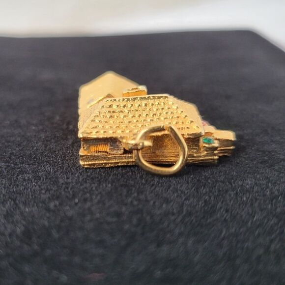 Vintage Yellow Faux Gold Toned 3D House with Garage Pendant Charm Rhinestones - Picture 2 of 12